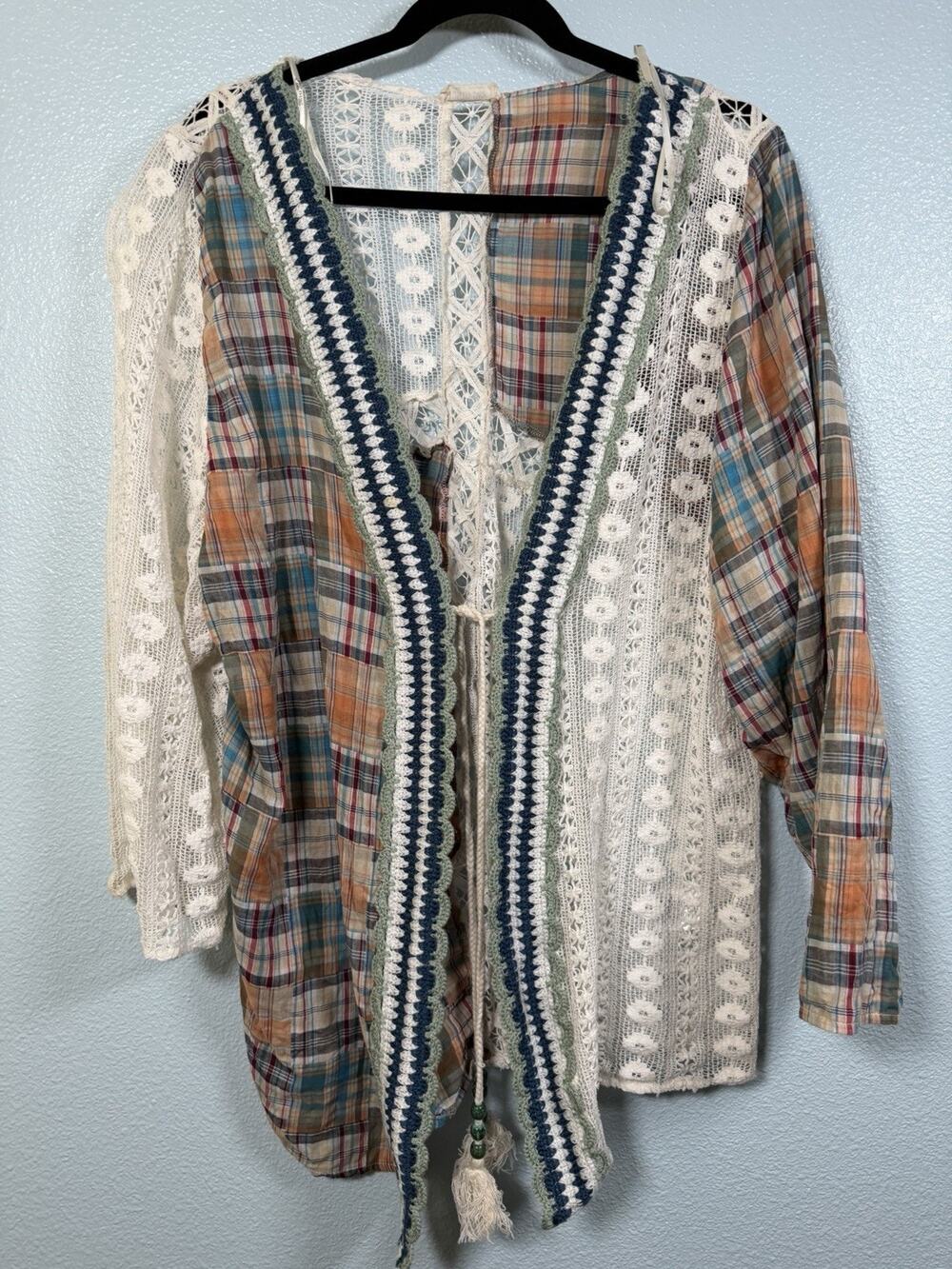 Miss Me Cardigan Women’s L Patchwork Plaid Crochet Lace Boho Duster Kimono